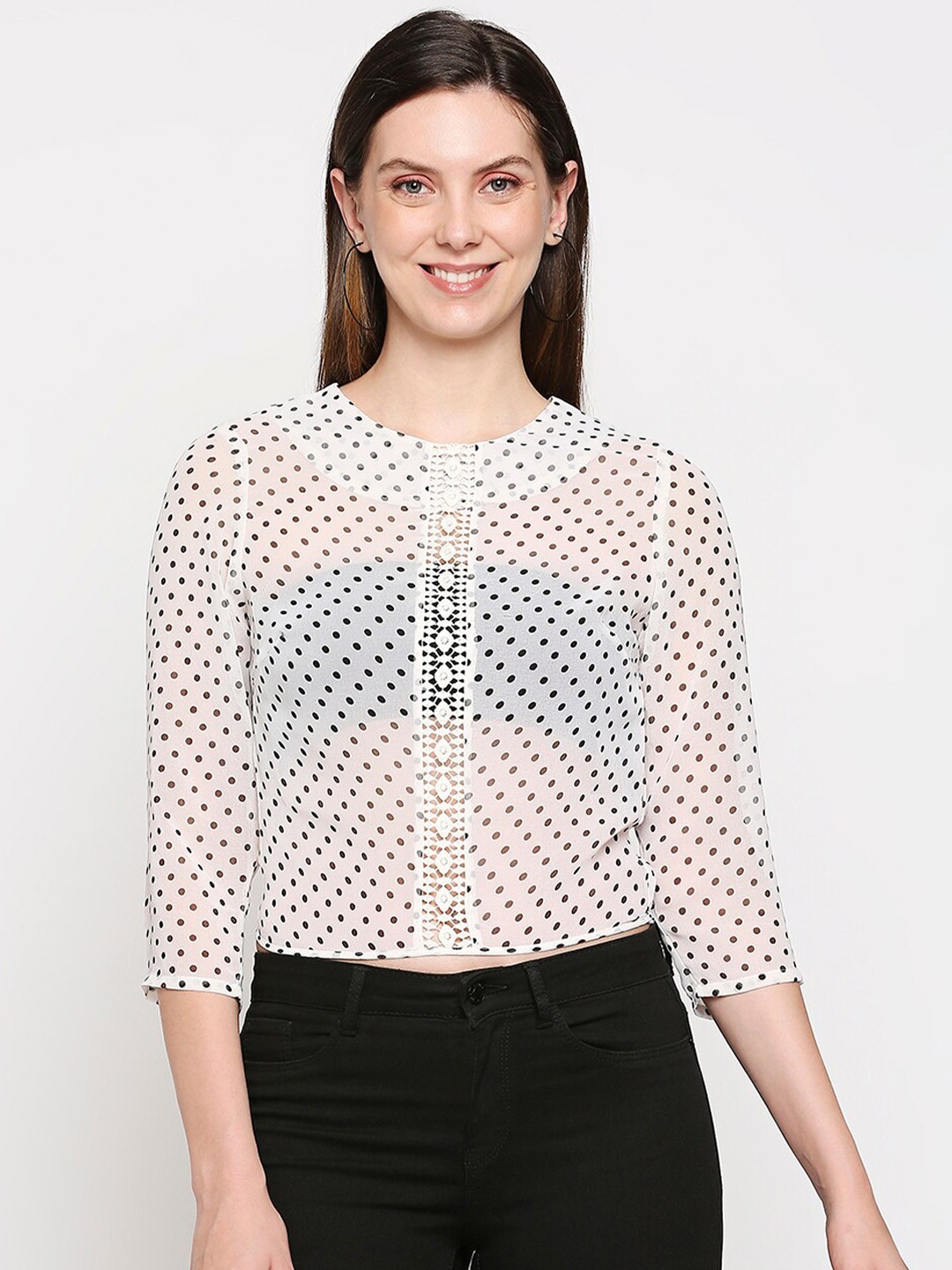 

aaliya White & Black Polka Dot Printed With Insert Lace Tie Knot Top