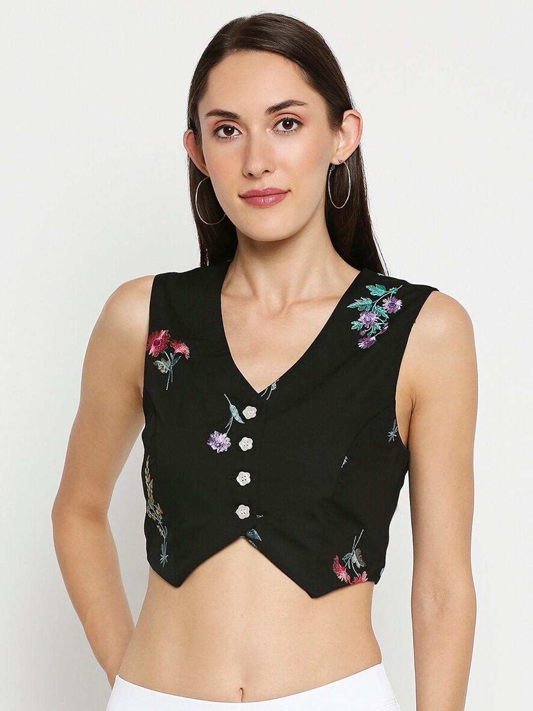 

aaliya Black Floral Regular Crop Top