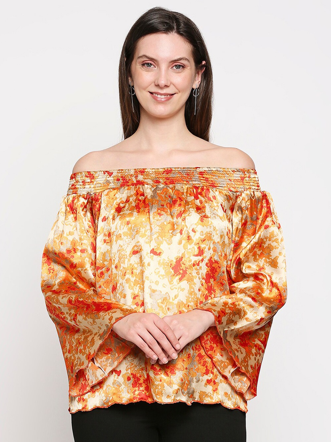 

aaliya Orange & Yellow Off-Shoulder Printed Satin Bardot Top