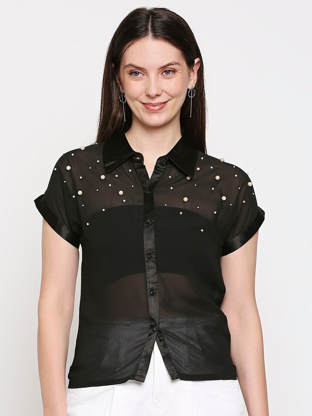 

aaliya Black Embellished Extended Sleeves Studded Sheer Georgette Shirt Style Top