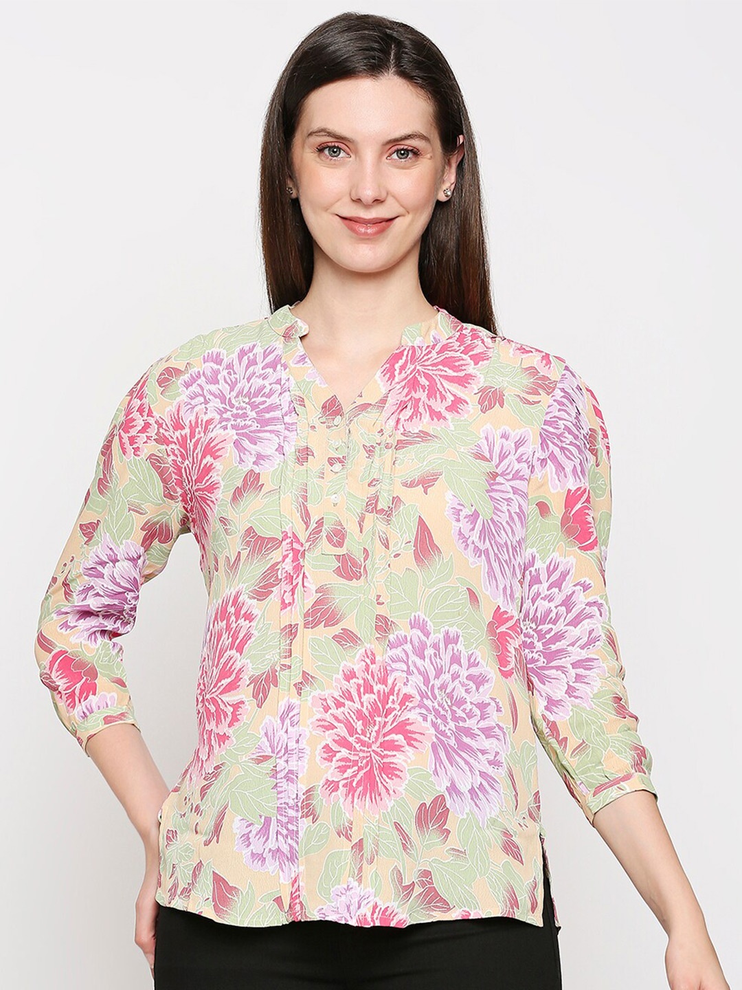 

aaliya Multicoloured Floral Mandarin Collar Georgette Regular Top, Multi