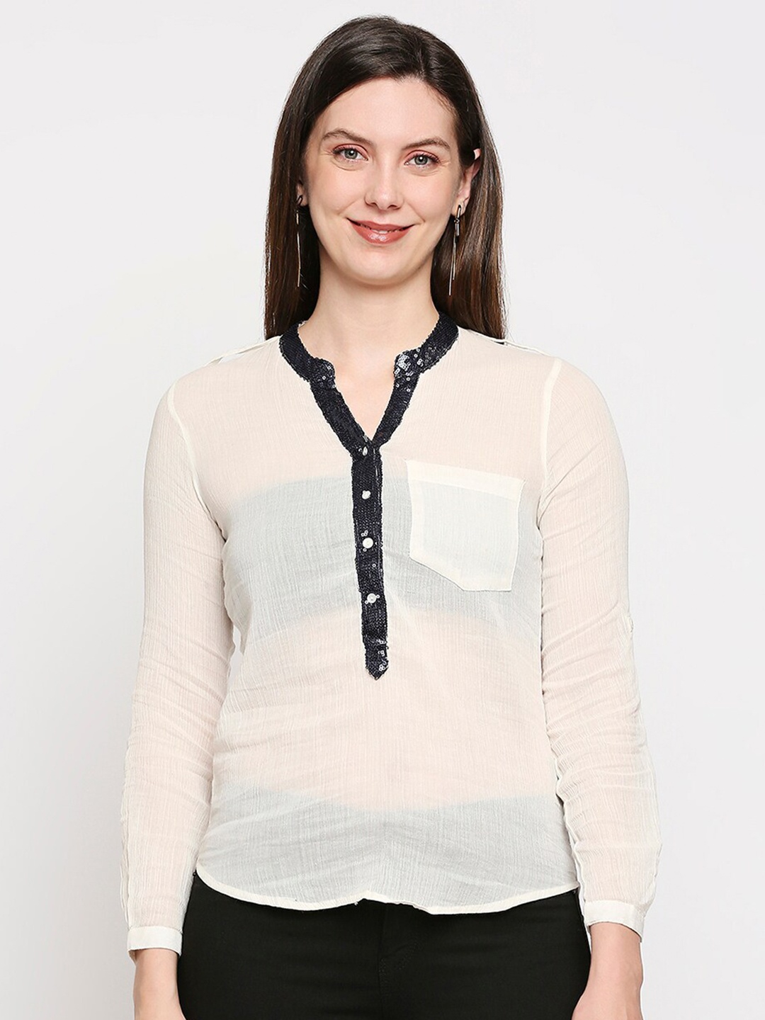 

aaliya White Mandarin Collar Sheer Chiffon Regular Top