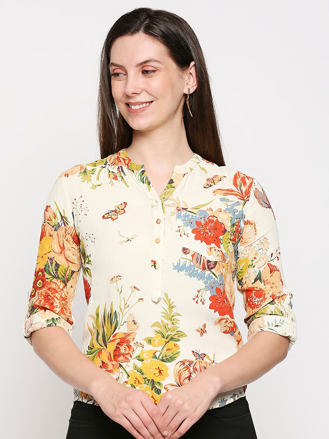 

aaliya Cream-Coloured & Red Floral Crepe Shirt Style Top
