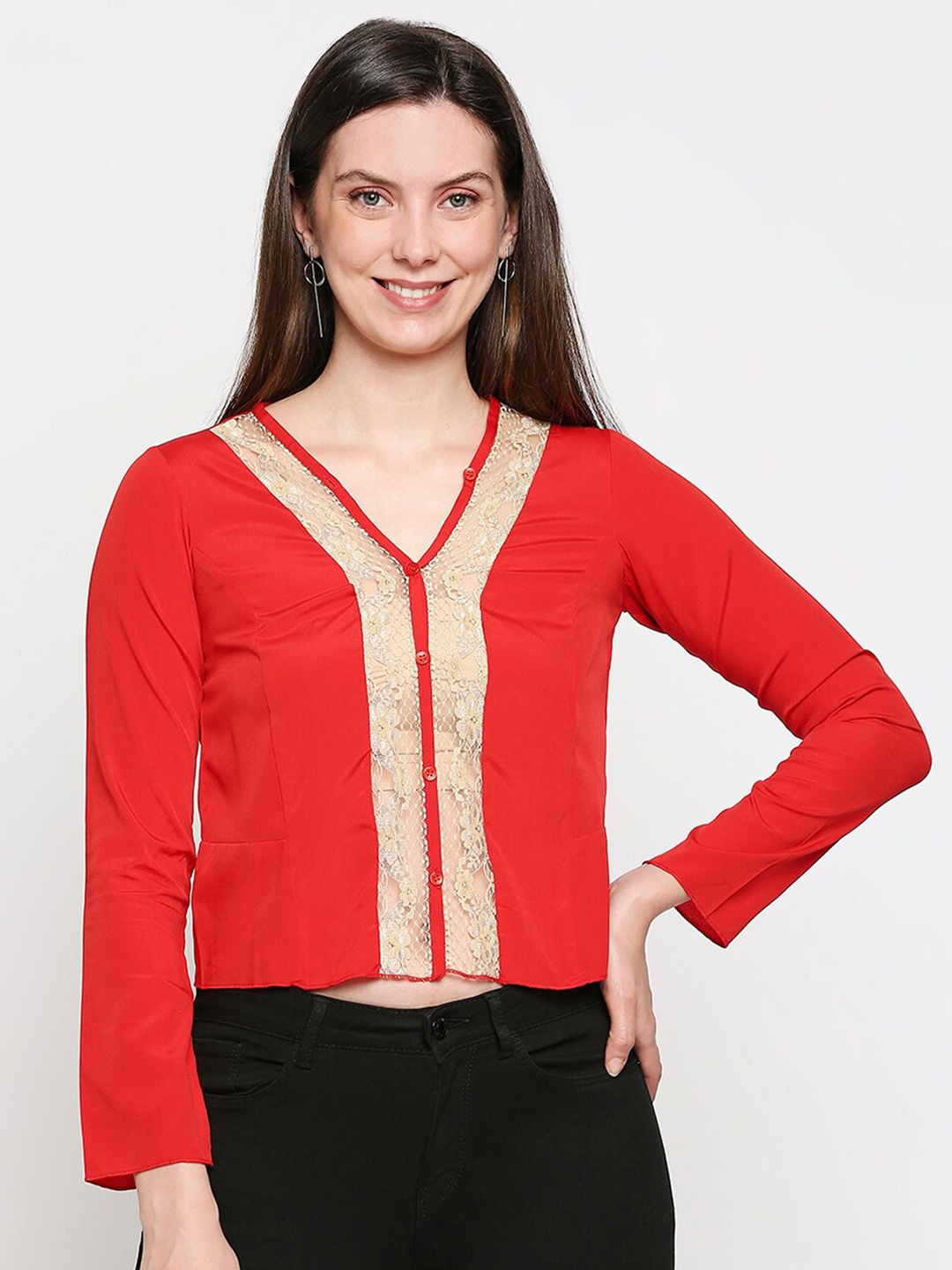 

aaliya Red Sheer Satin Crepe Regular Crop Top