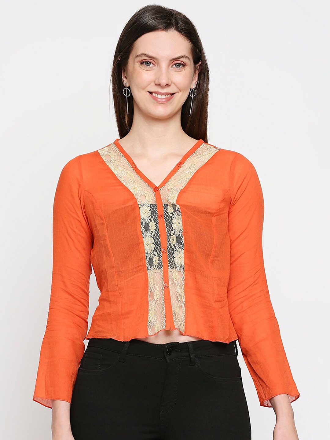 

aaliya Orange Sheer Lace Insert Regular Top