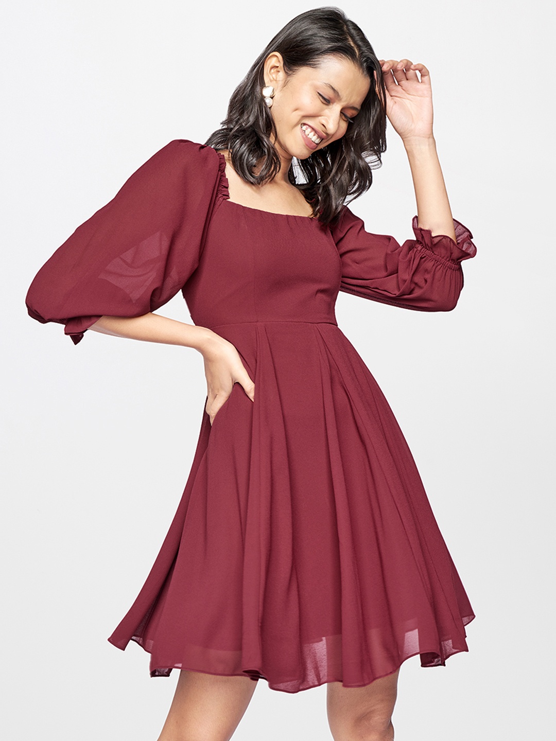 

AND Maroon Solid Puff Sleeves Fit & Flare Dress