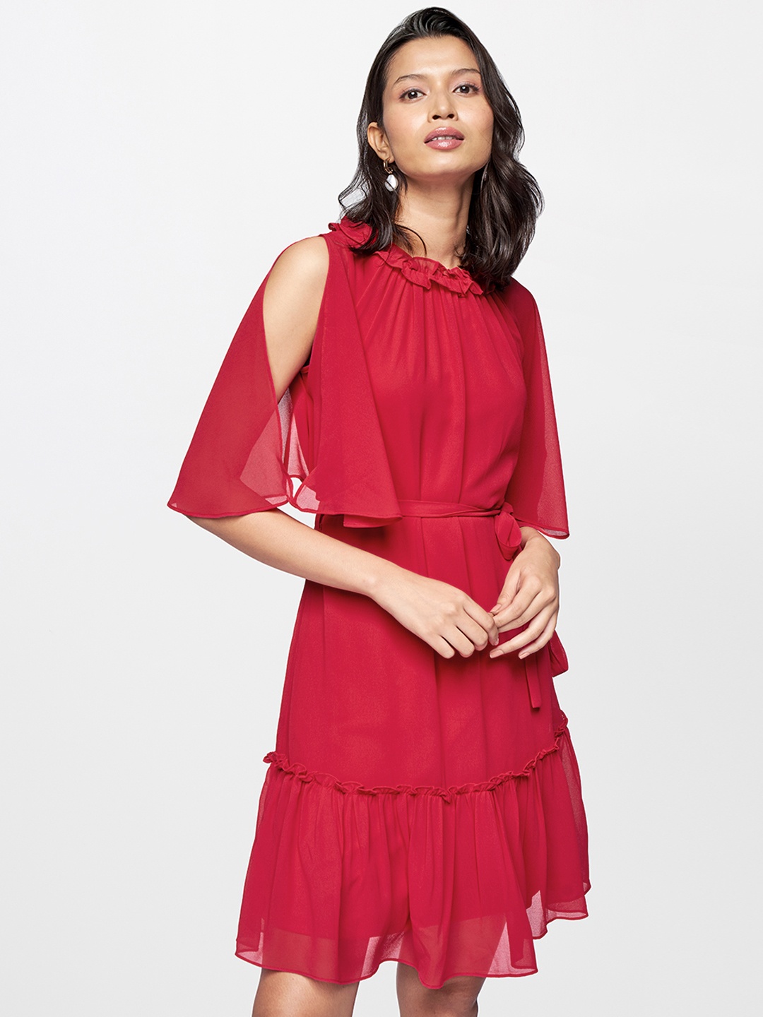 

AND Red Solid Slit Sleeves Fit & Flare Dress