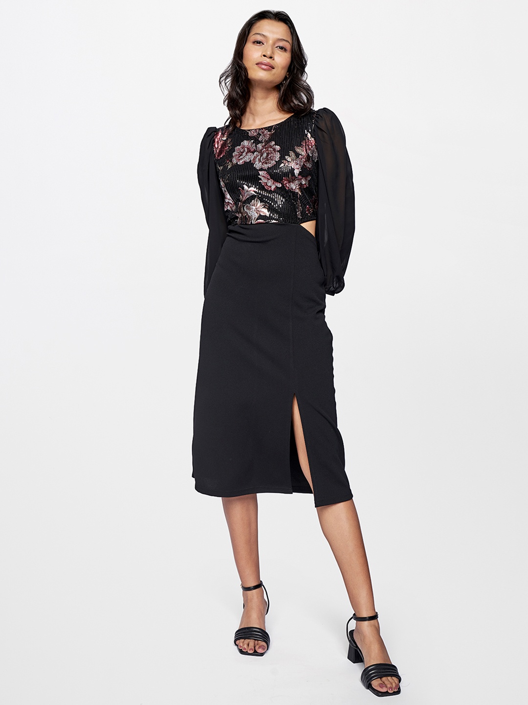 

AND Black & Silver-Toned Floral Sheath Midi Dress