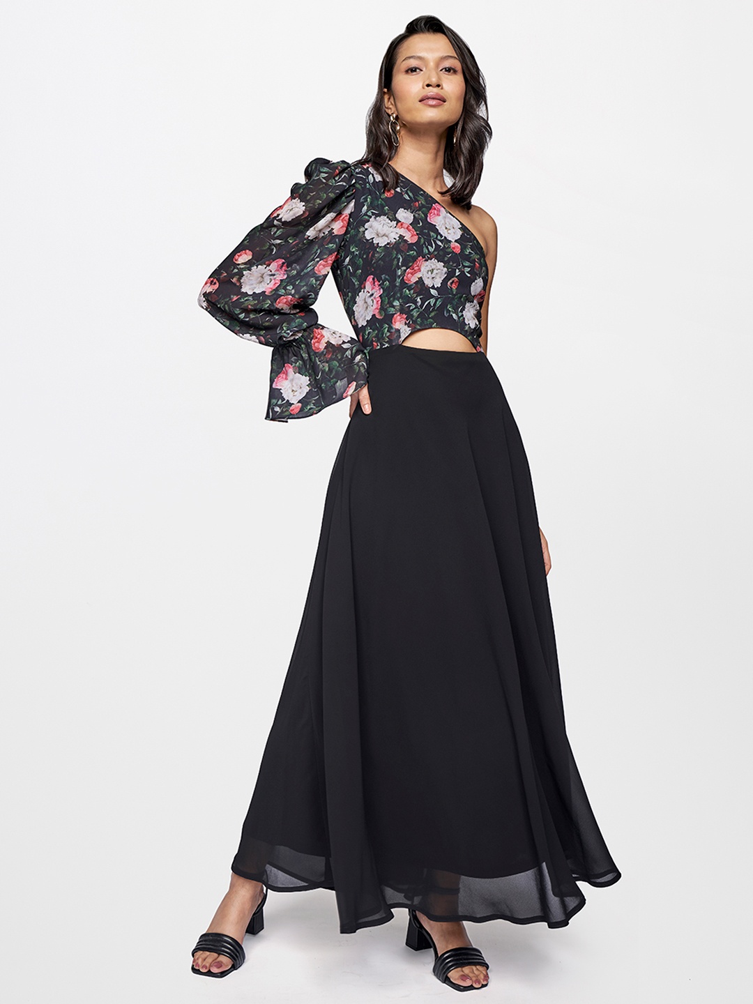 

AND Black & Pink Floral Printed A-Line Dress