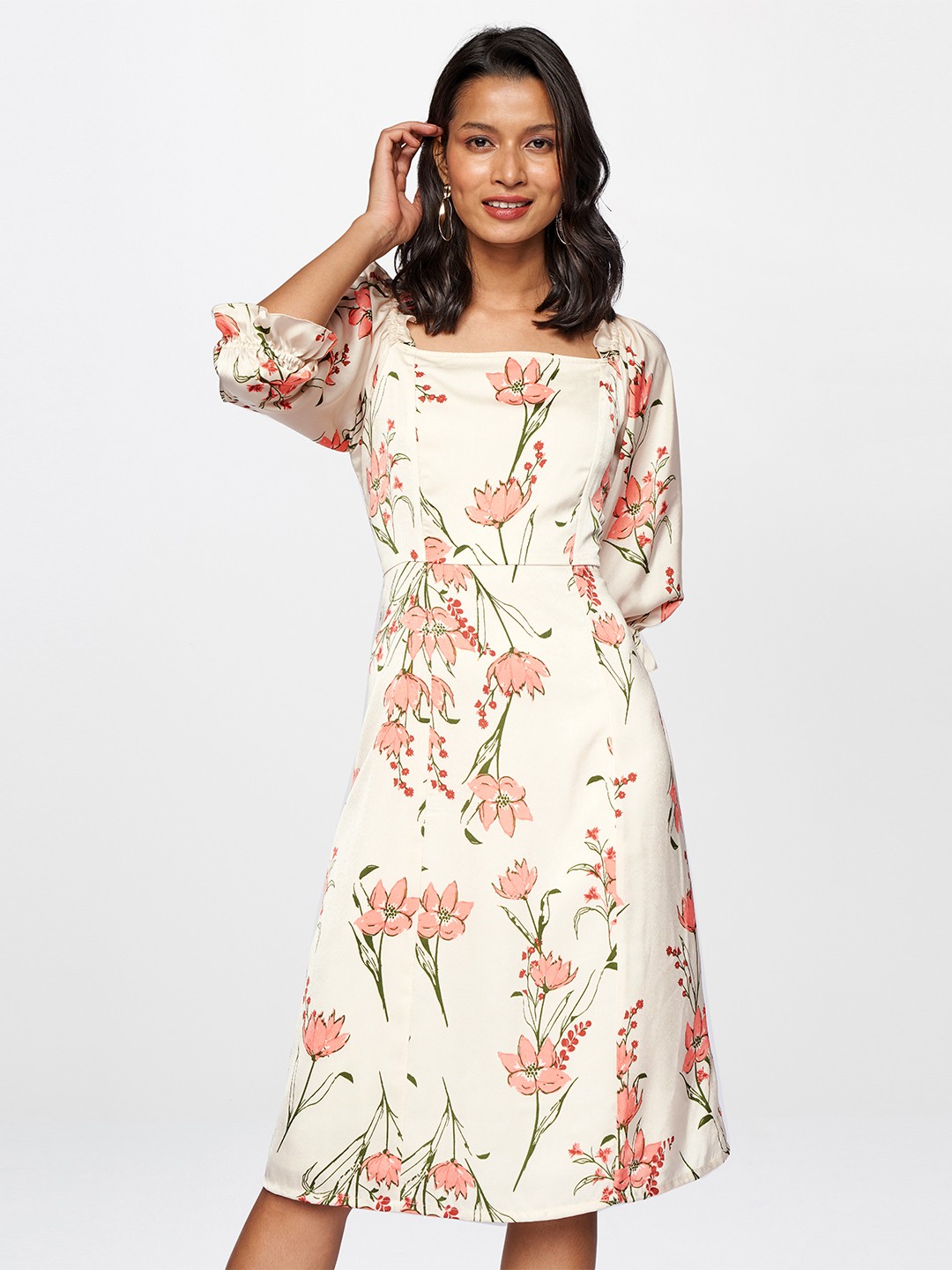 

AND Off White & Peach-Coloured Floral A-Line Dress