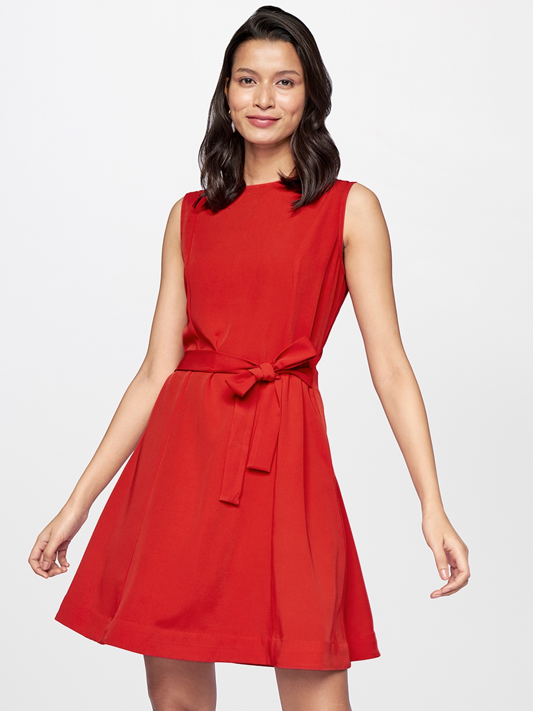 

AND Red Solid A-Line Dress with Waist Tie-Ups