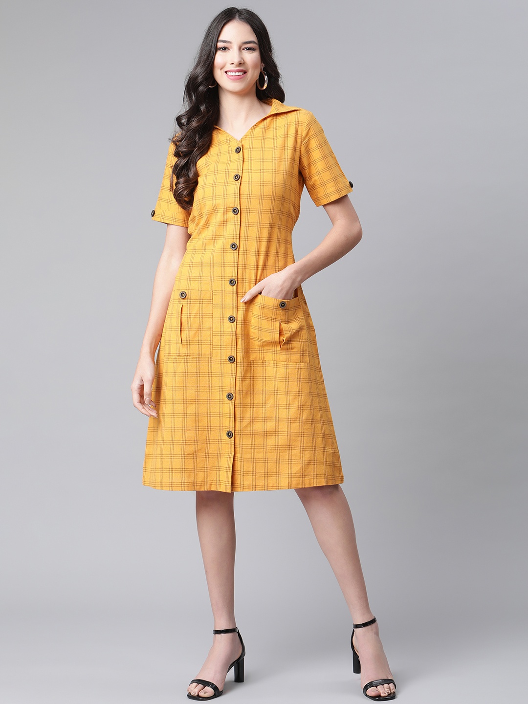 

Cottinfab Women Mustard Yellow & Black Checked Shirt Dress