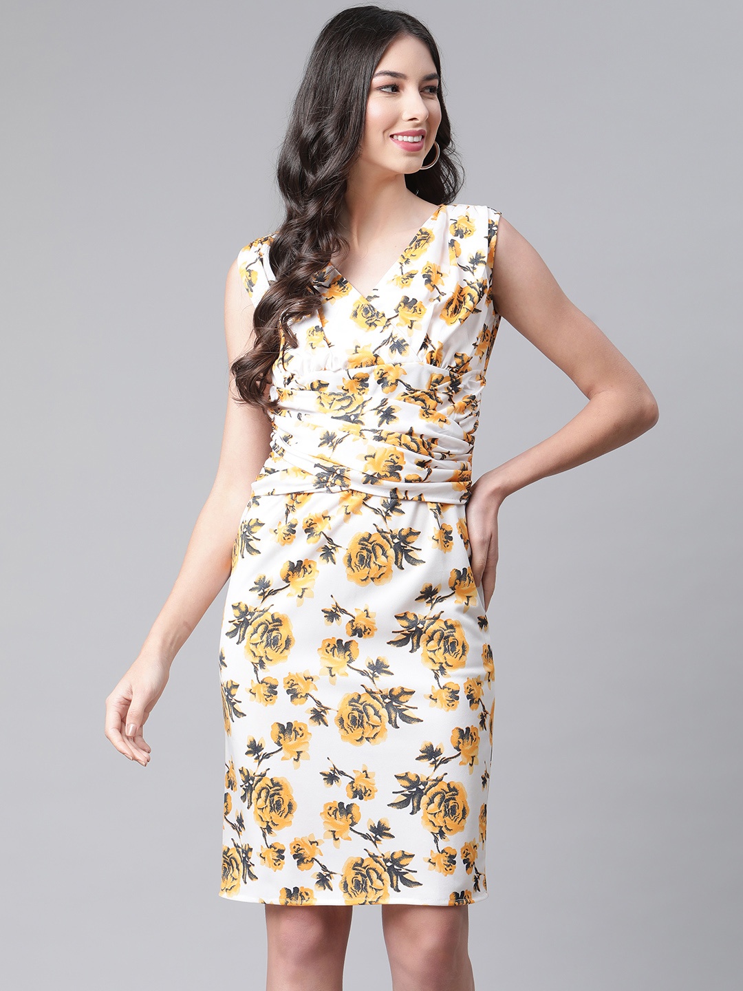 

Cottinfab Women White & Yellow Floral Bodycon Dress