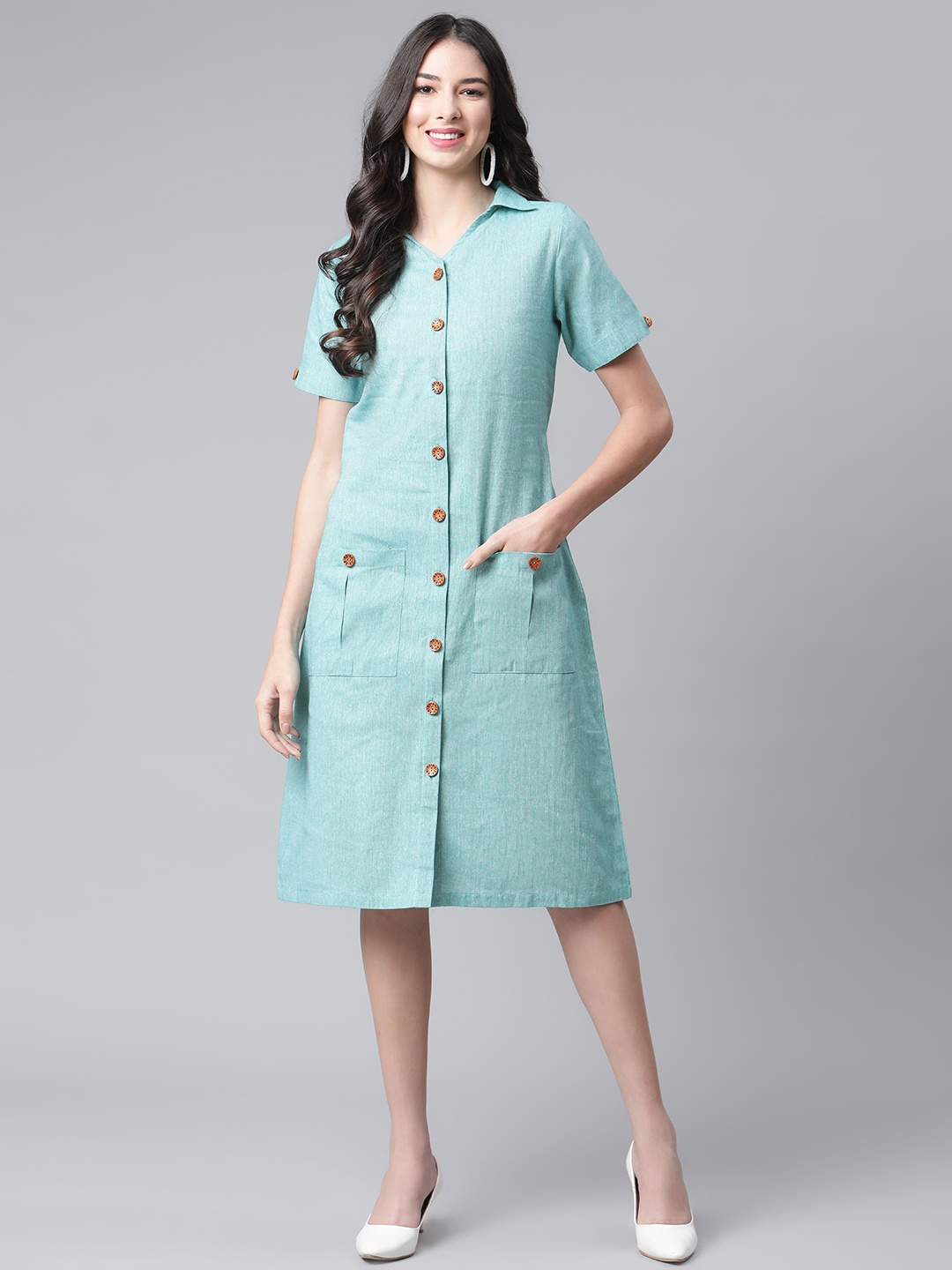 

Cottinfab Women Sea Green Shirt Midi Dress