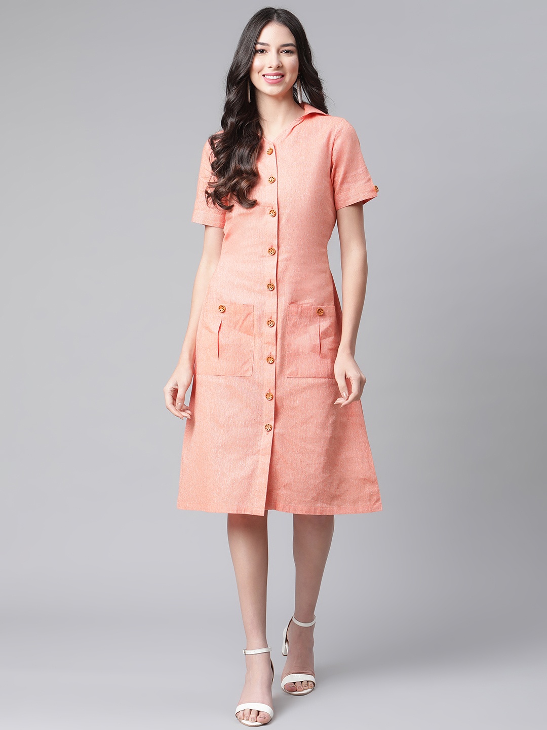 

Cottinfab Women Peach-Coloured Pure Cotton Shirt Midi Dress