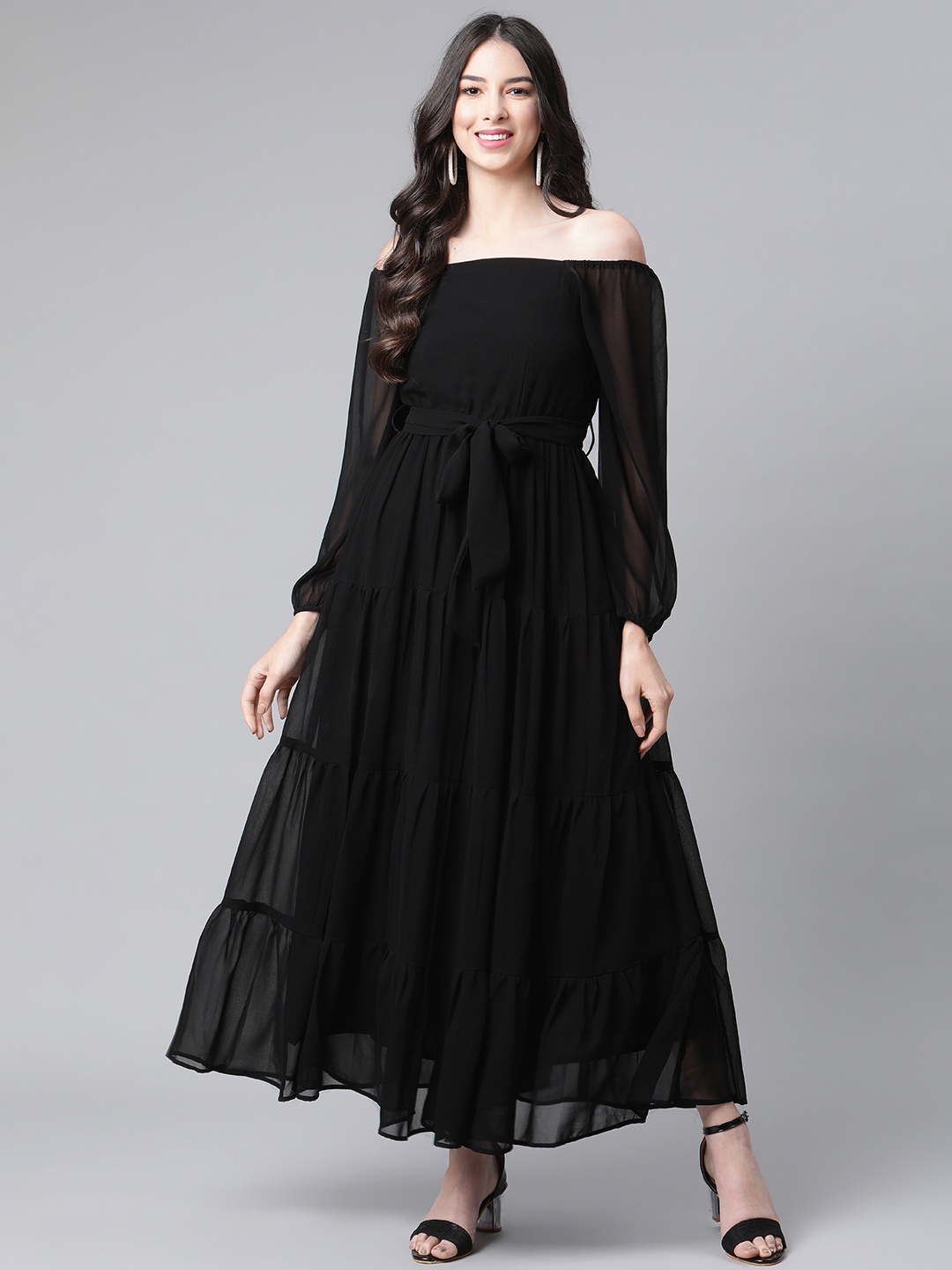 

Cottinfab Women Black Off-Shoulder Georgette Maxi Dress