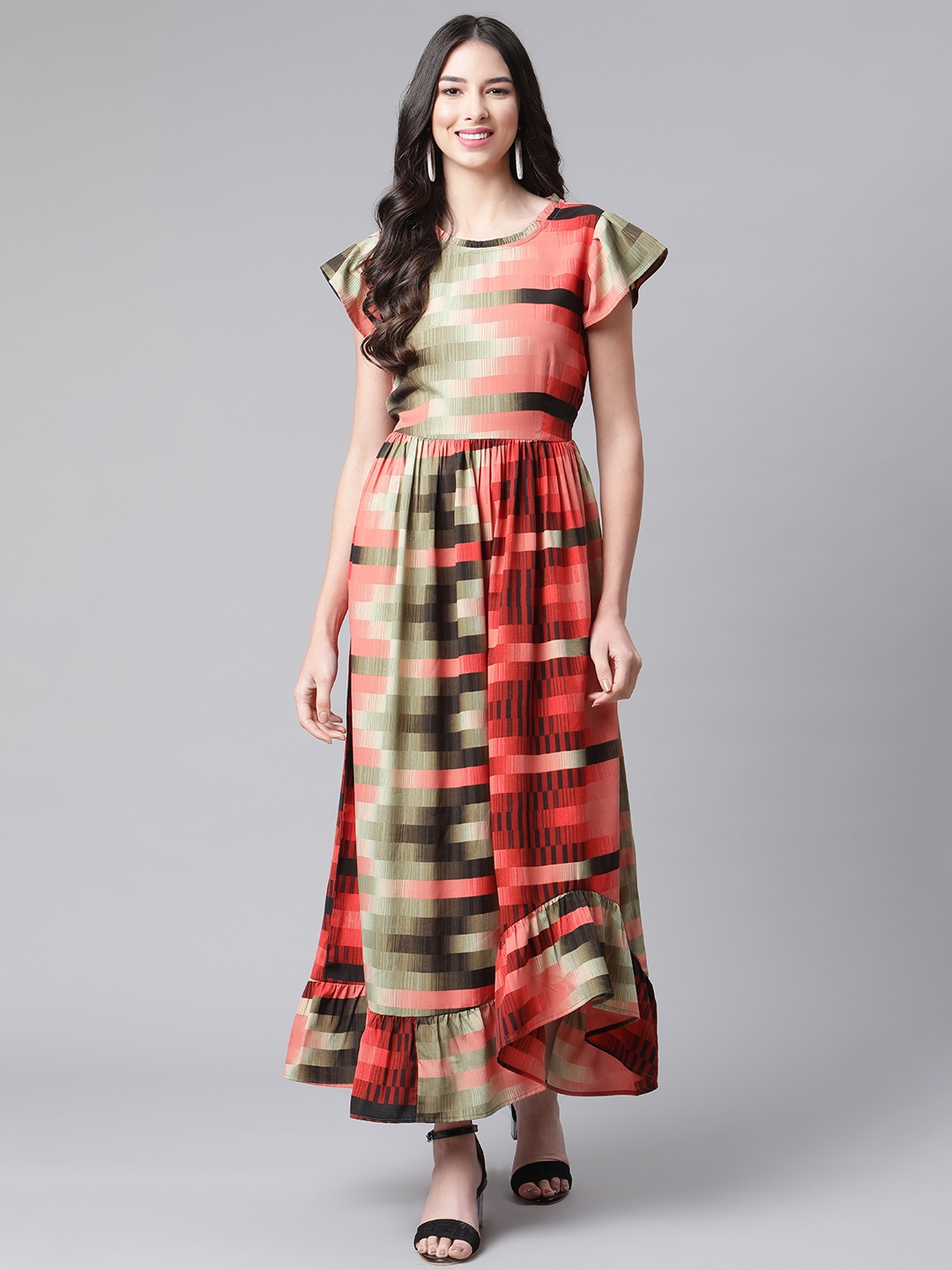 

Cottinfab Women Red & Grey Crepe Maxi Dress