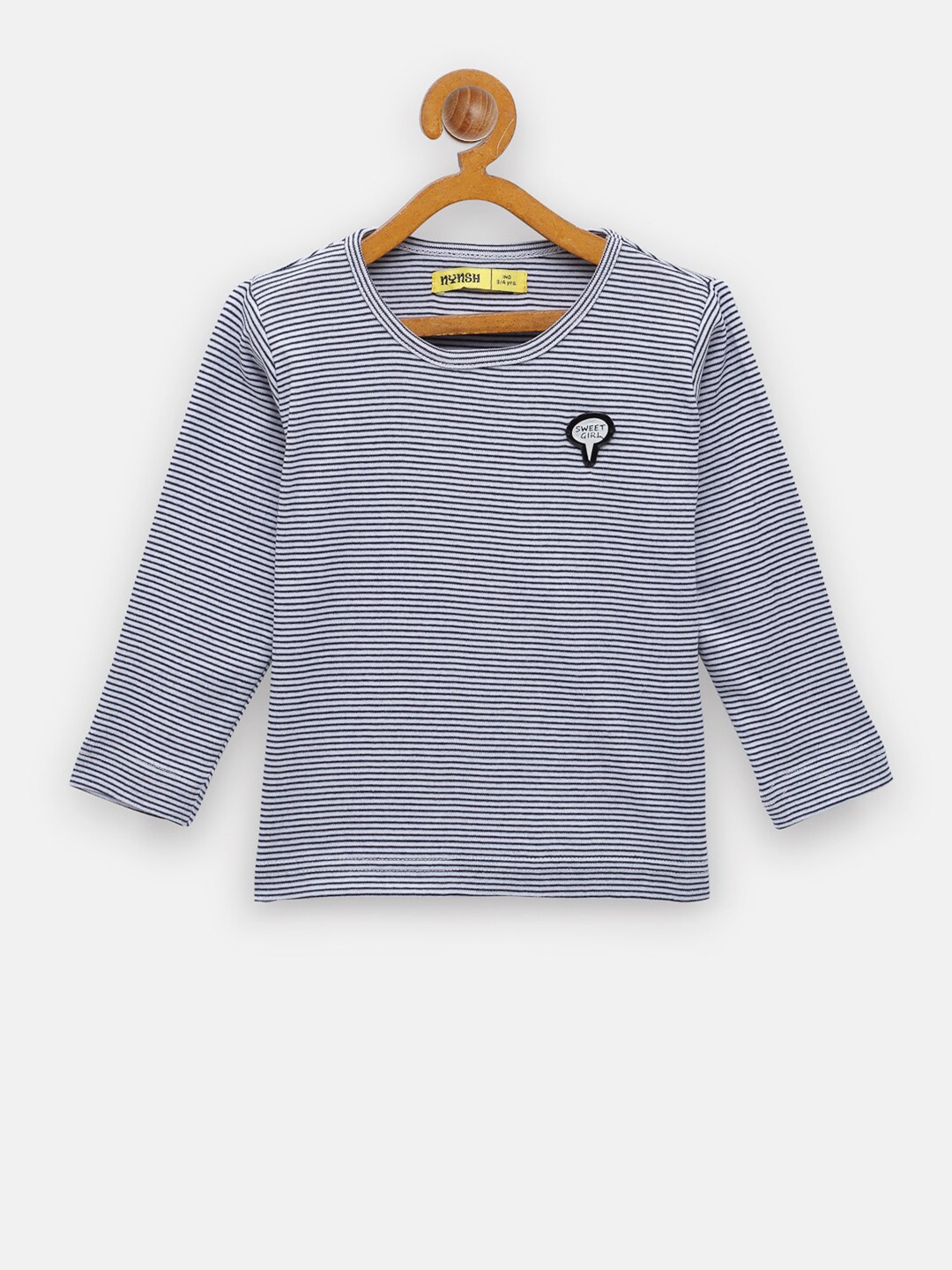 

NYNSH Girls White & Black Striped Pure Cotton T-shirt