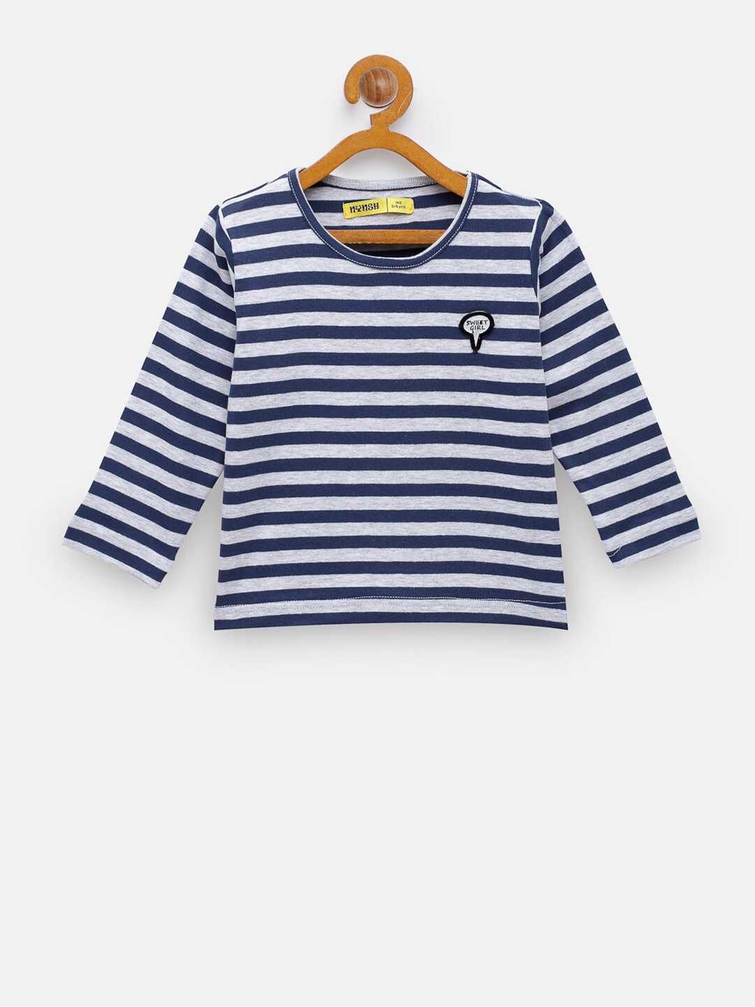 

NYNSH Girls White & Blue Striped Pure CottonT-shirt