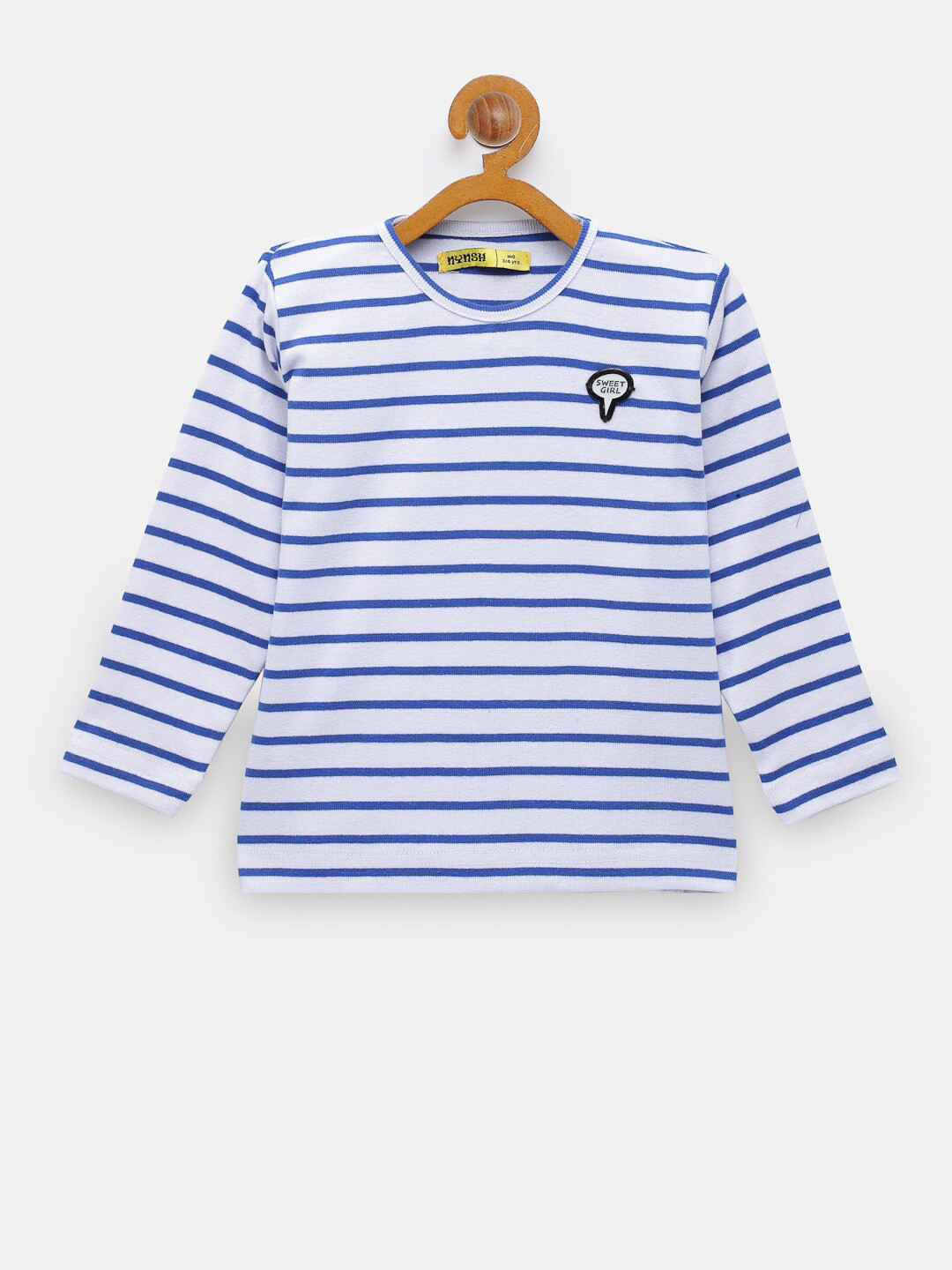 

NYNSH Girls White & Blue Striped Applique Pure Cotton T-shirt