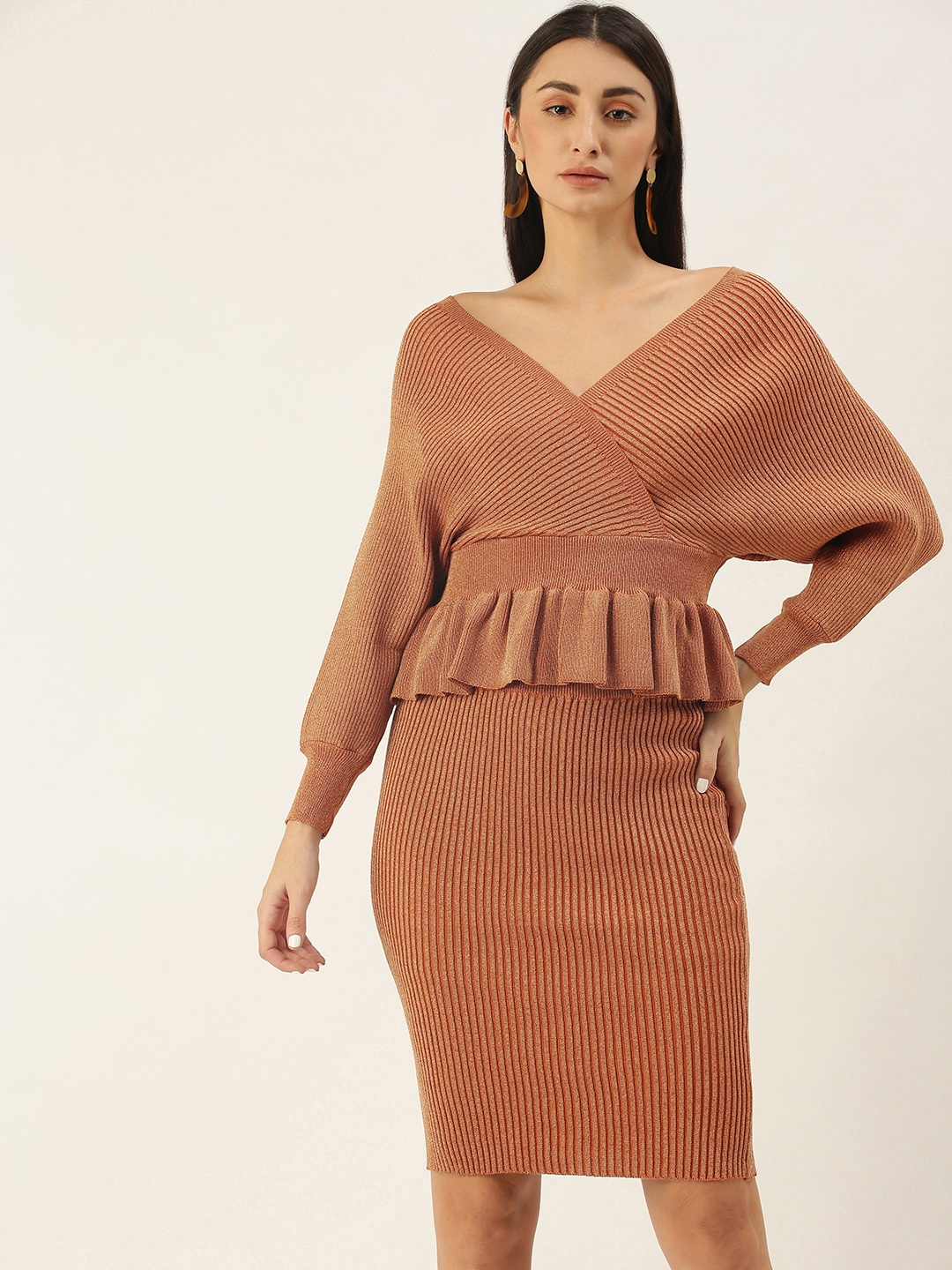 SHECZZAR Women Brown Ribbed Co-Ord Set
