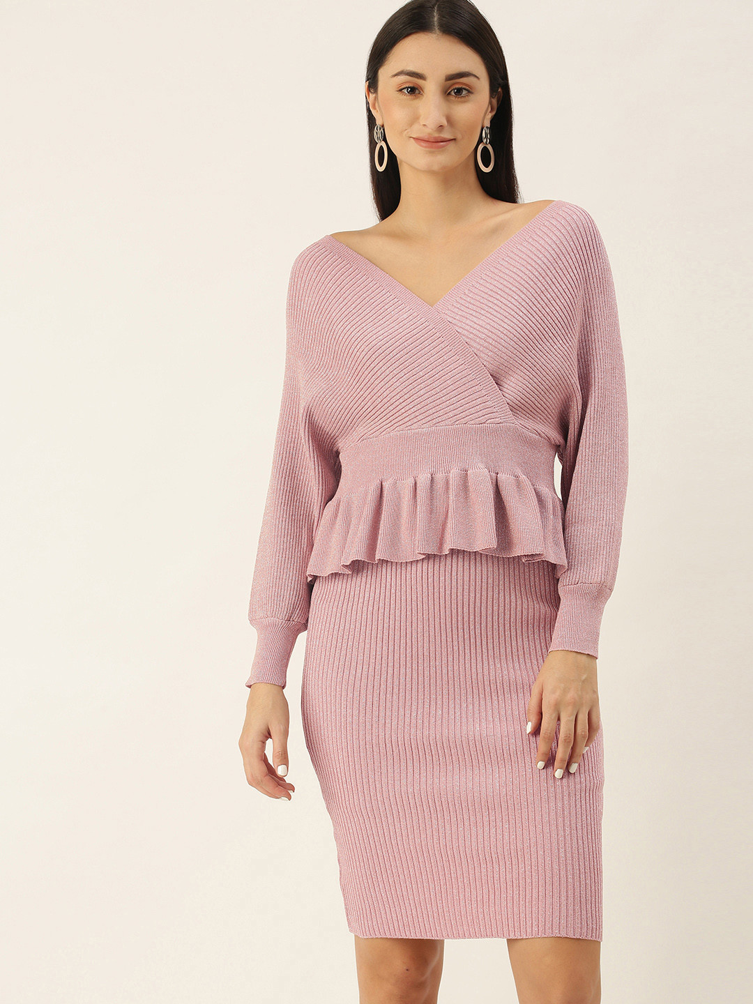 

SHECZZAR Women Pink Ribbed Co-Ord Set