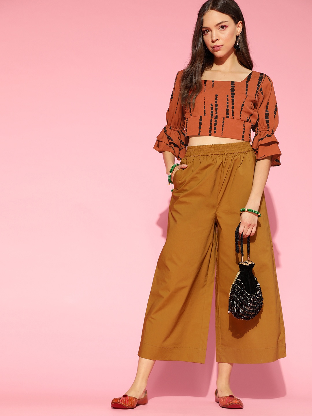 

AHIKA Rust & Black Georgette Blouson Crop Top