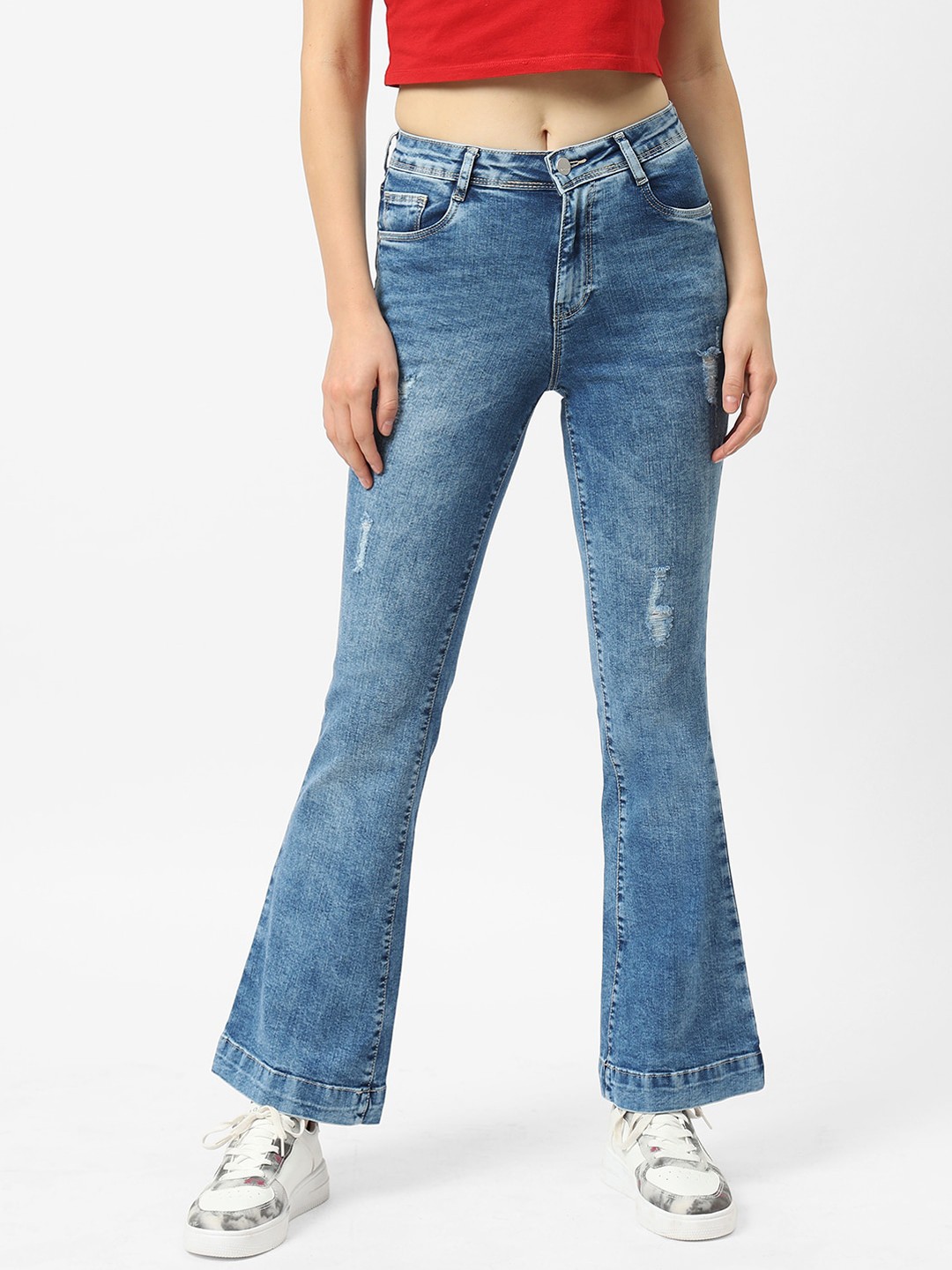 

Kraus Jeans Women Blue Flared High-Rise Low Distress Light Fade Jeans
