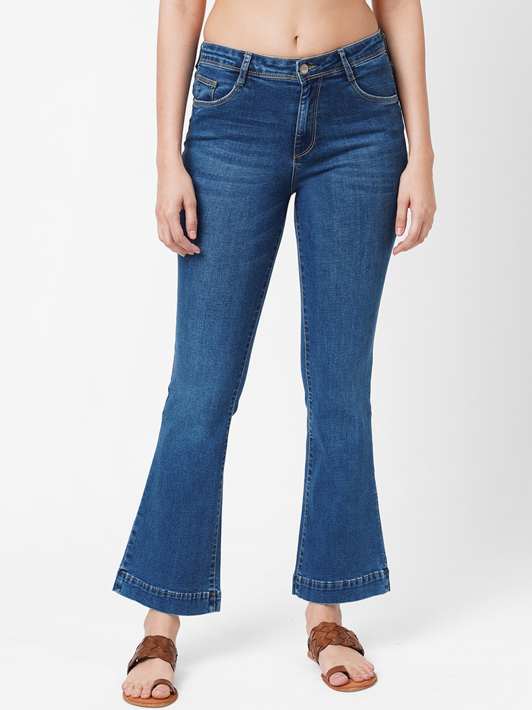 

Kraus Jeans Women Blue Flared High-Rise Light Fade Jeans