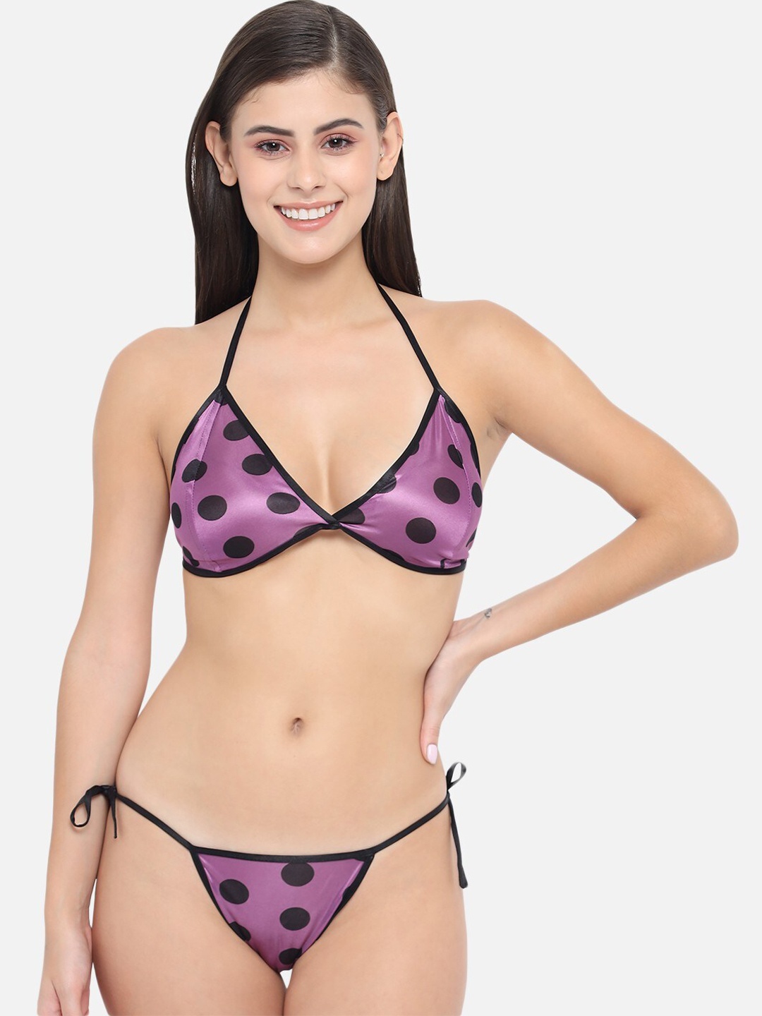 

Klamotten Women Purple & Black Polka Dot Printed Lingerie Set 11P7