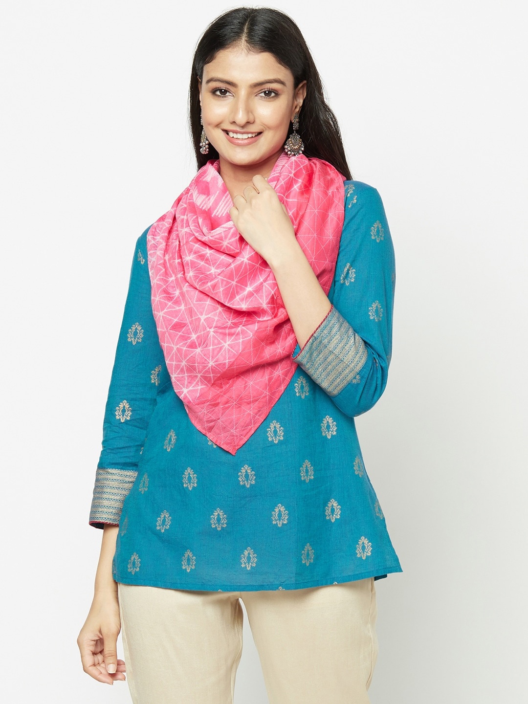 

Fabindia Women Pink & White Printed Scarf