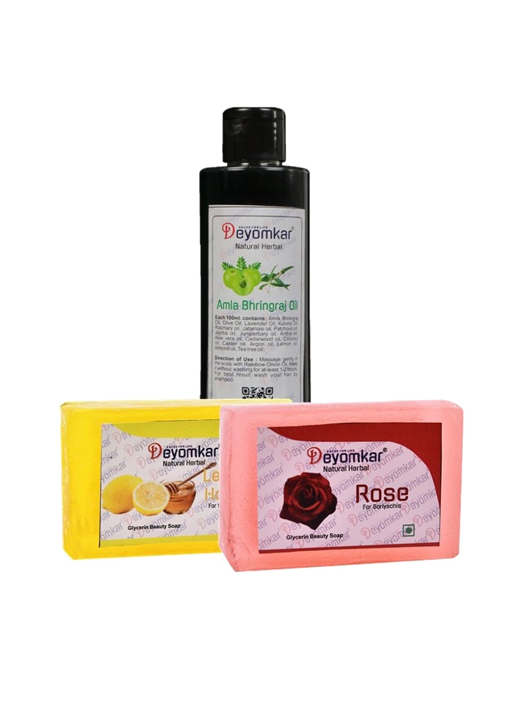 

Deyomkar 3 Pcs Herbal Amla Brinjraj Oil with Rose & Lemon Honey Soap, Green