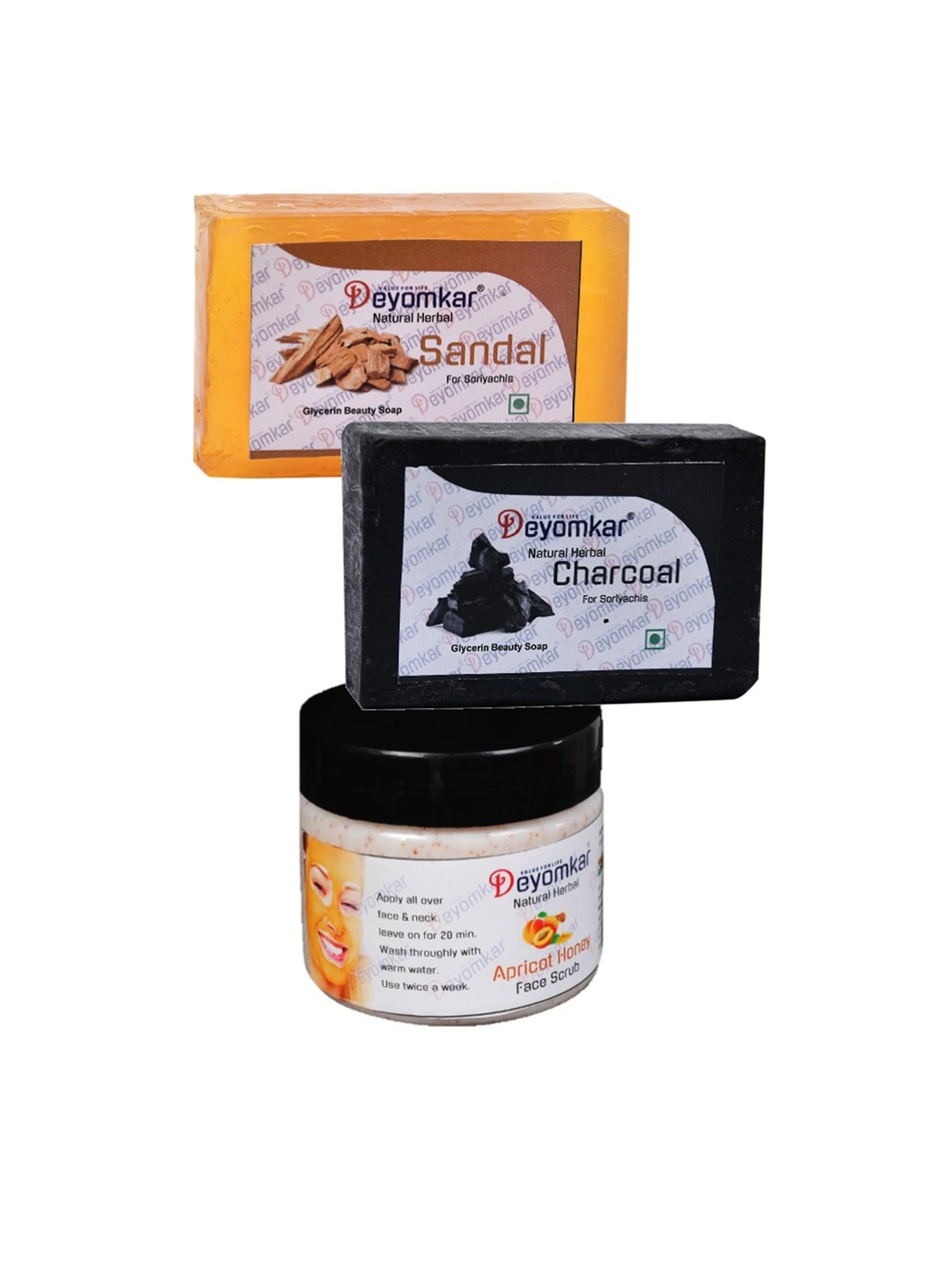 

Deyomkar Herbal Apricot Honey Scrub with Sandal Wood Soap & Charcoal Soap, Brown