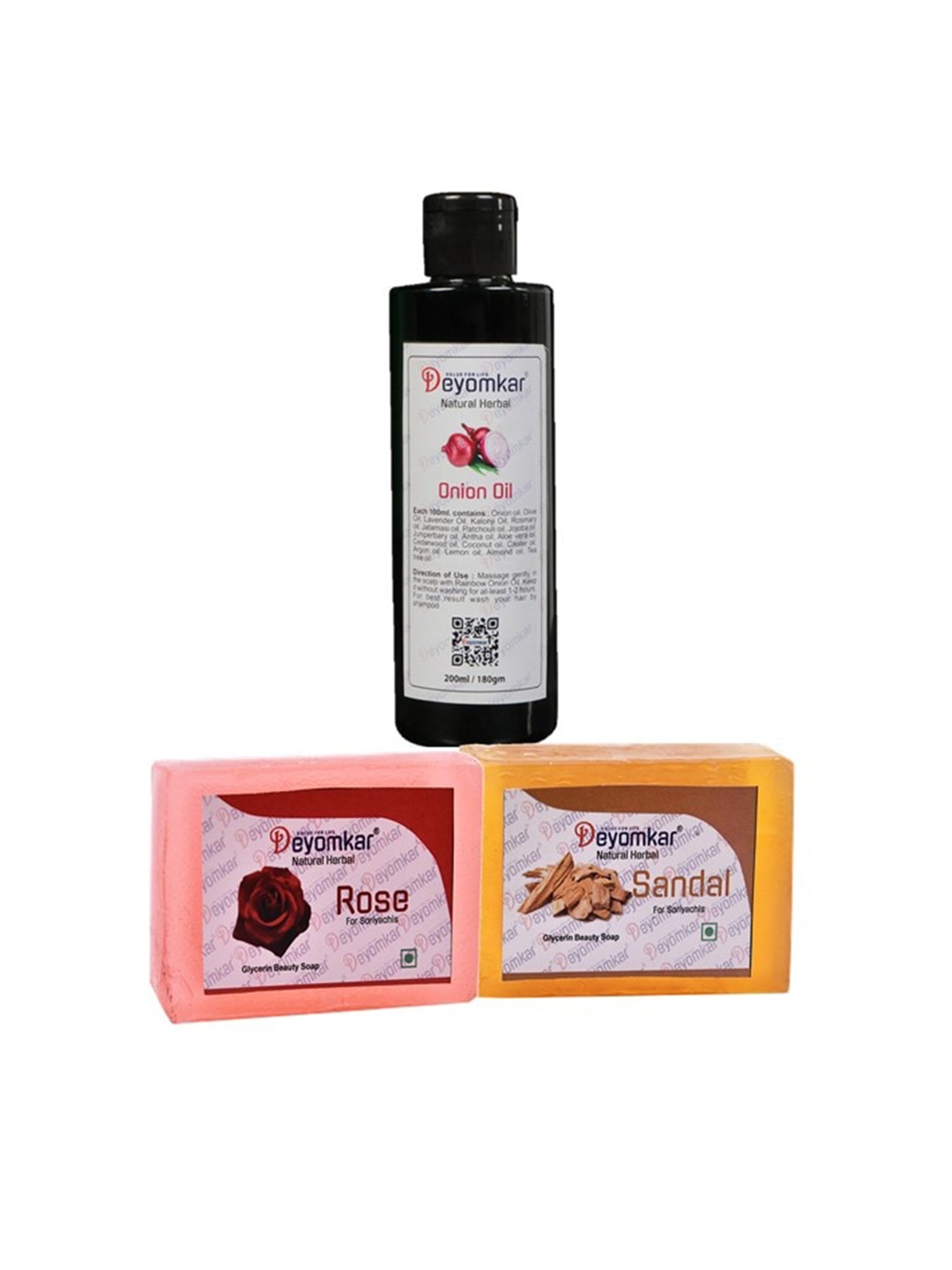 

Deyomkar Set of 3 Herbal Onion oil with Sandal Wood Soap And Rose Soap, Orange