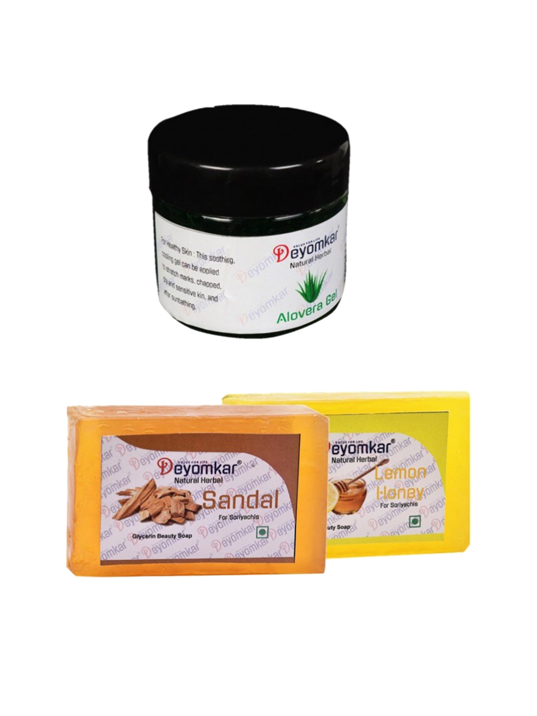 

Deyomkar 3 Pcs Herbal Alovera Gel with Sandalwood & Lemon Honey Soap, Green