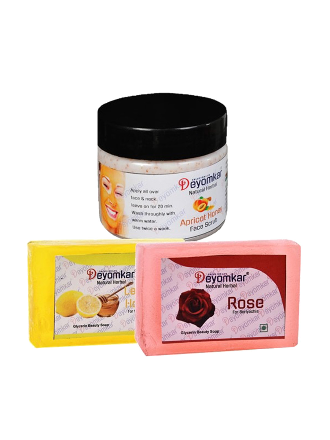 

Deyomkar Set of 3 Herbal Apricot Honey Scrub with Rose Soap And Lemon Honey Soap, Brown