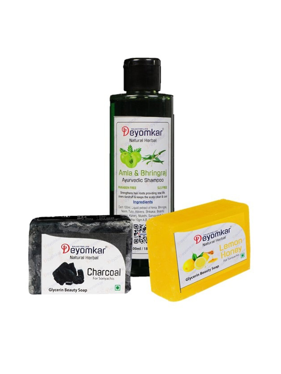 

Deyomkar Herbal Amla Brinjraj Shampoo with Lemon Honey Soap & Charcoal Soap, Green