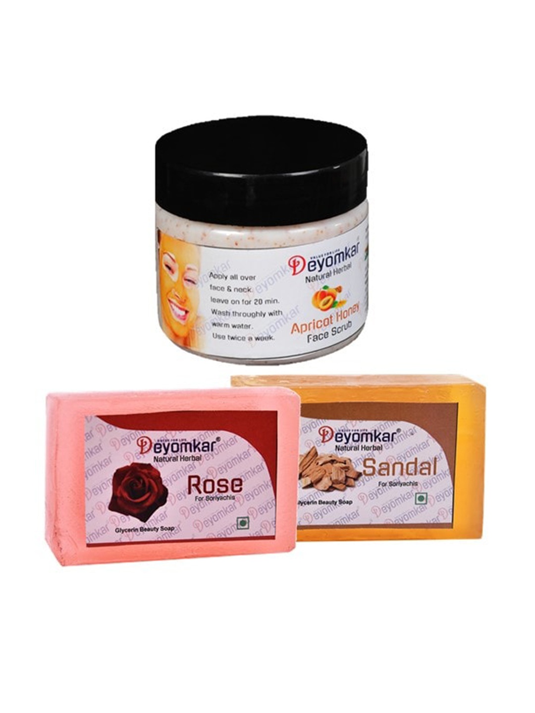 

Deyomkar Set of 3 Herbal Apricot Honey Scrub with SandalWood Soap And Rose Soap, Blue