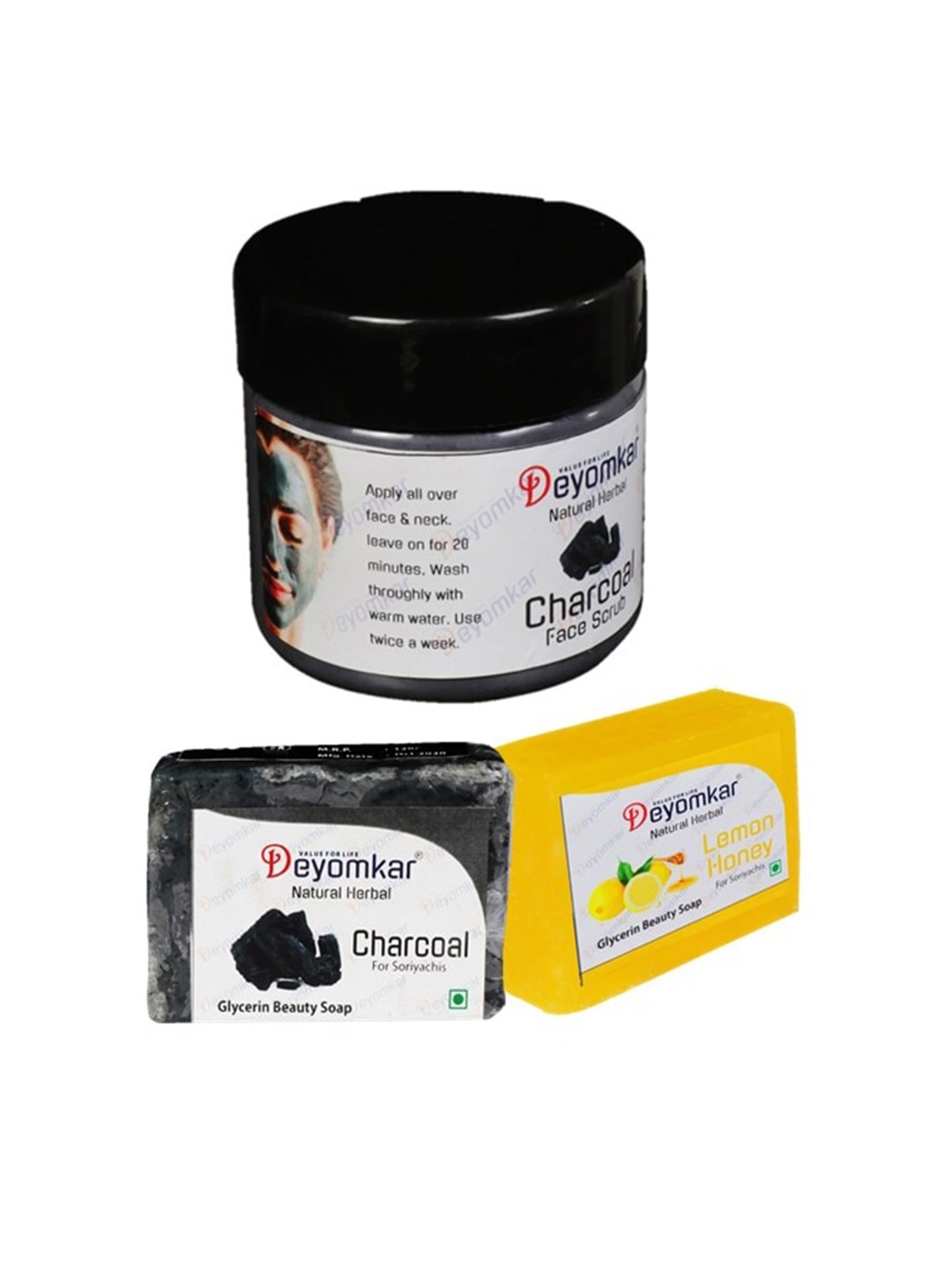 

Deyomkar Set of Herbal Charcoal Scrub with Lemon Honey & Charcoal Soaps, Black