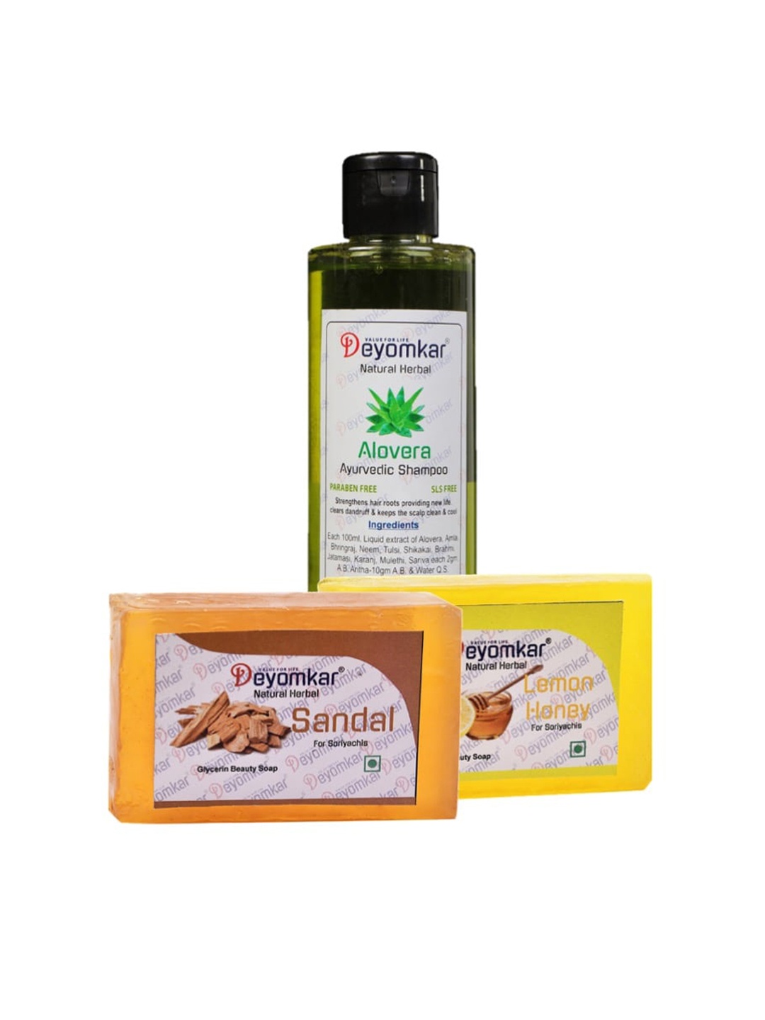 

Deyomkar 3 Pcs Herbal Alovera Shampoo with Sandalwood & Lemon Honey Soap, Green