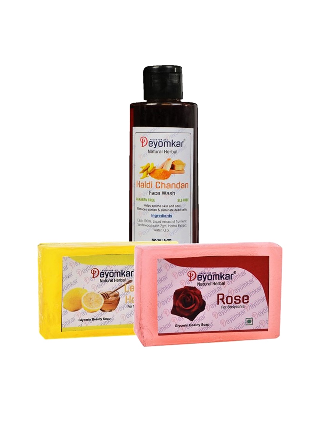 

Deyomkar 3 Pcs Herbal Haldi Chandan Face Wash with Rose & Lemon Honey Soap, Orange