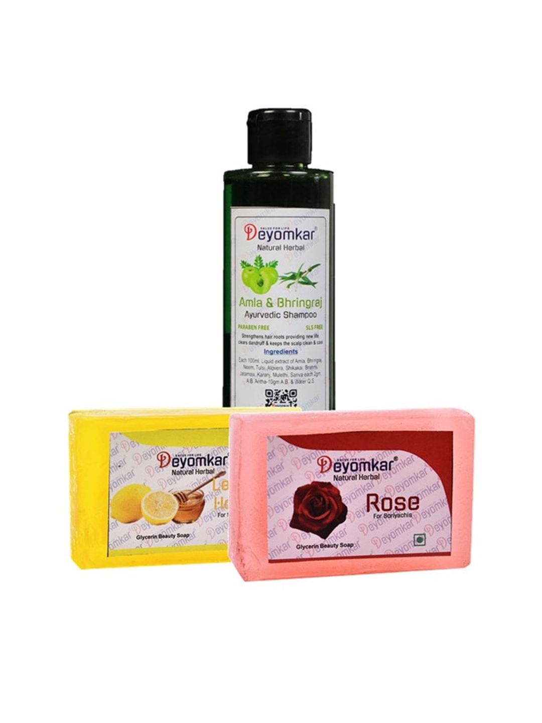 

Deyomkar 3 Pcs Herbal Amla Brinjraj Shampoo with Rose & Lemon Honey Soap, Green