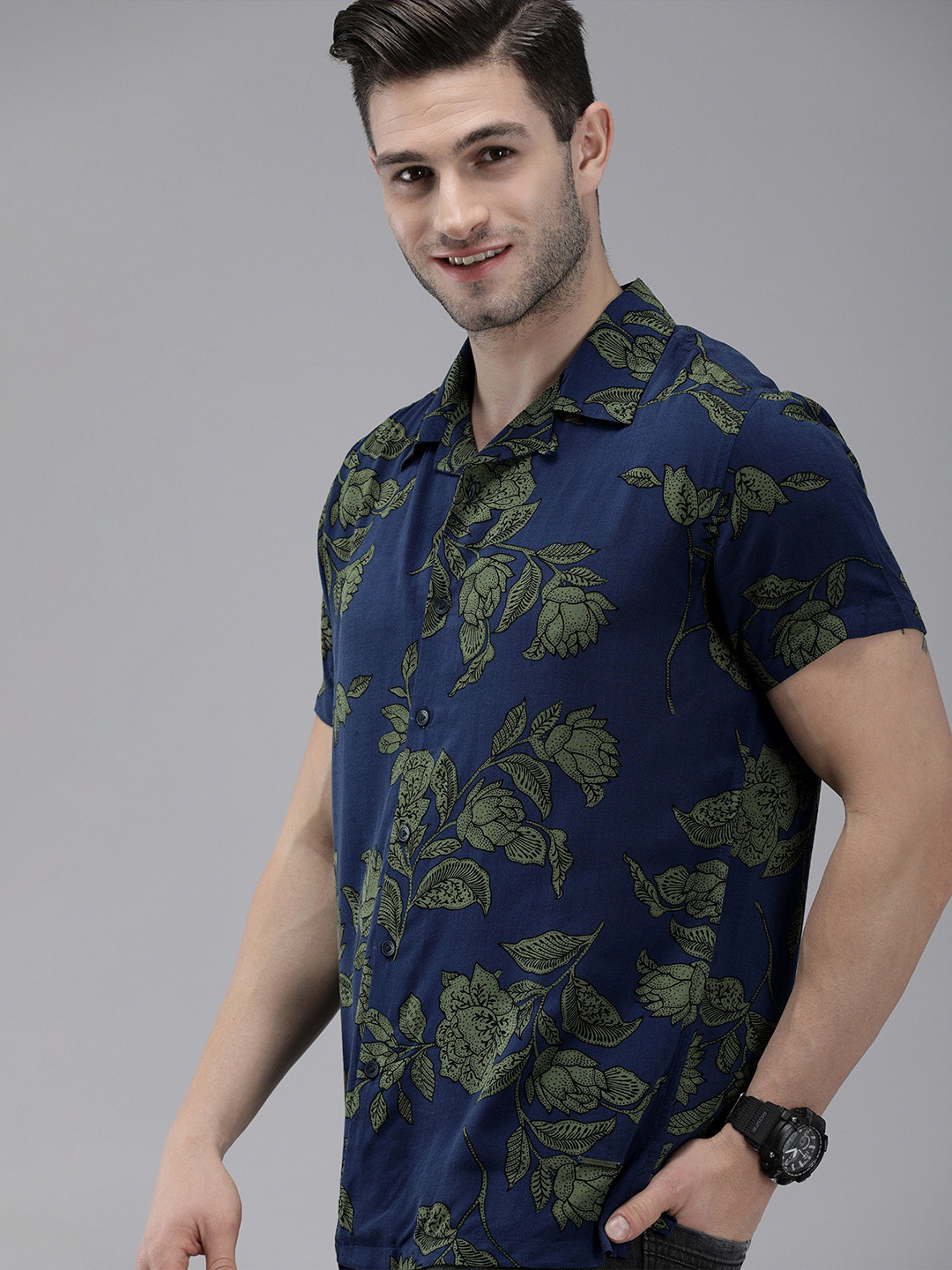 

THE BEAR HOUSE Men Navy Blue & Green Slim Fit Floral Printed Casual Shirt