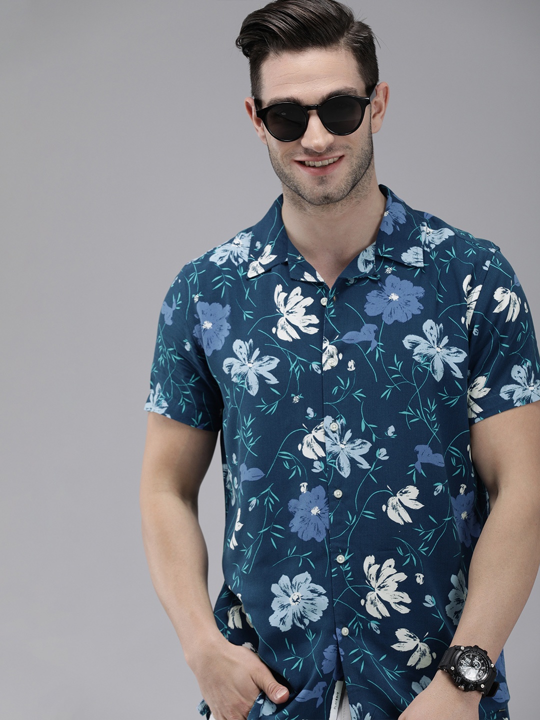 

THE BEAR HOUSE Men Blue Slim Fit Floral Printed Casual Shirt