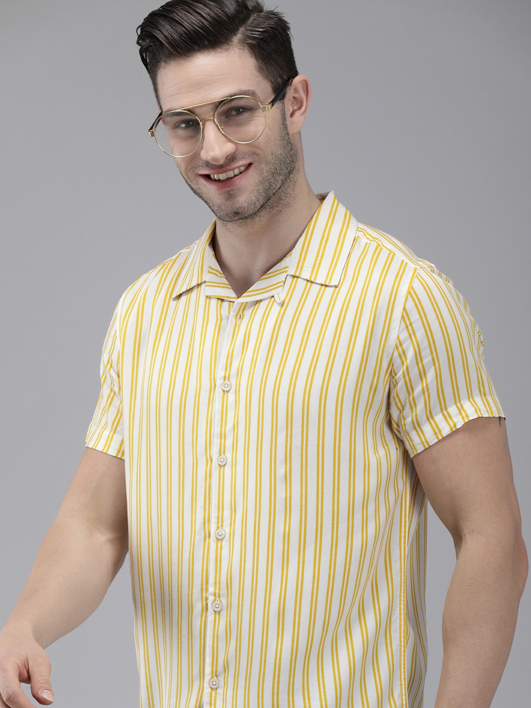 

THE BEAR HOUSE Men Yellow & White Slim Fit Striped Casual Shirt