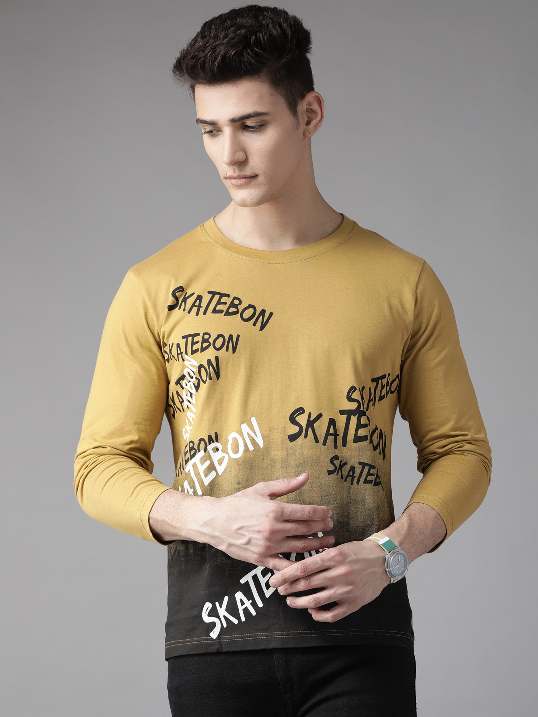 

The Dry State Men Khaki & Black Typography Printed Pure Cotton T-shirt