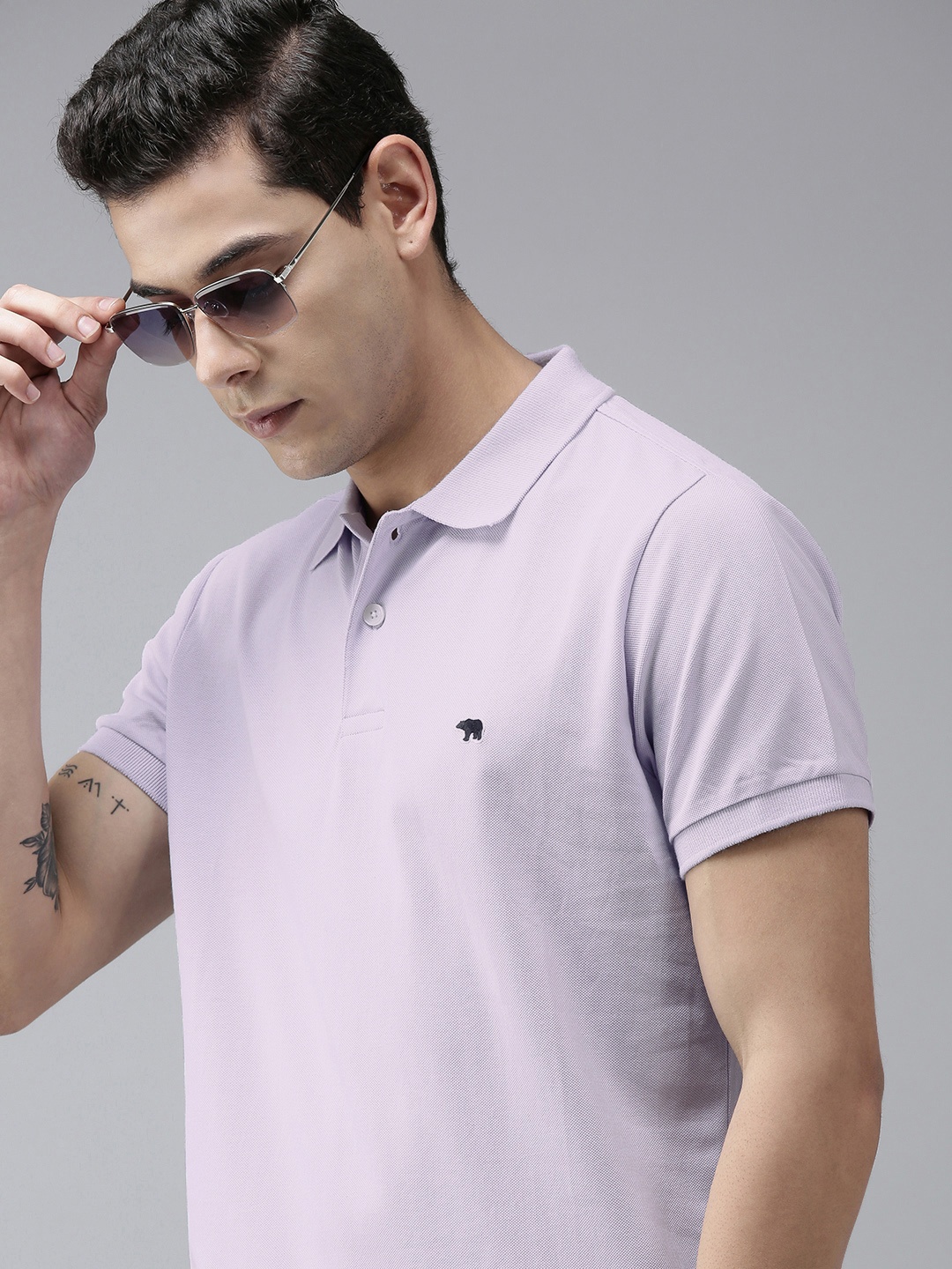 

THE BEAR HOUSE Men Violet Polo Collar Slim Fit T-shirt, Lavender