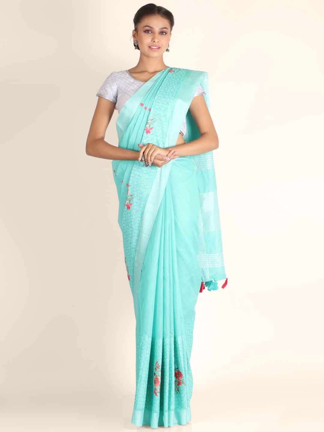 

KAJREE Green Floral Embroidered Pure Linen Saree