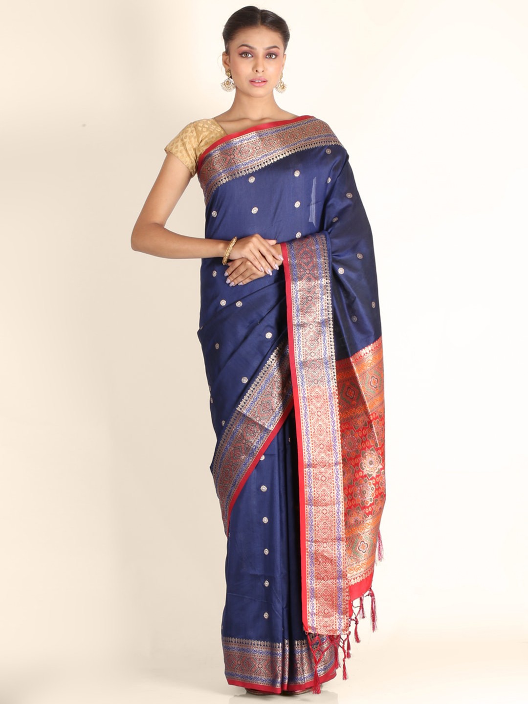 

KAJREE Navy Blue & Red Woven Design Zari Pure Silk Mysore Silk Saree