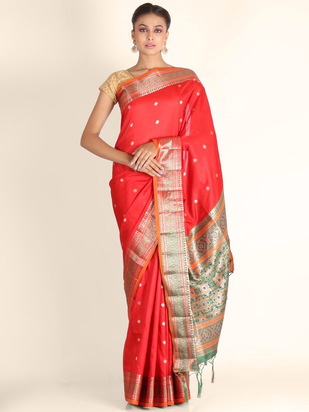 

KAJREE Red & Green Ethnic Motifs Zari Pure Silk Mysore Silk Saree